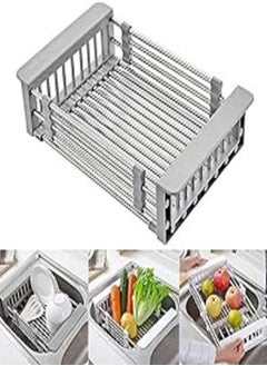 Buy Arabest Extendable Over the Sink Stainless Steel Colander Fruits and Vegetables Drain Basket Adjustable Strainer Sink Washing Basket Dish Drying Rack (L, Grey) in Egypt