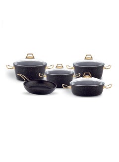 Buy 9-Piece Granitec Cookware Set - Tempered Glass Lids - 3 Deep Pots - 1 Low Pot - 1  Frypan - Non-Stick Surface - PFOA Free - Black & Gold in UAE