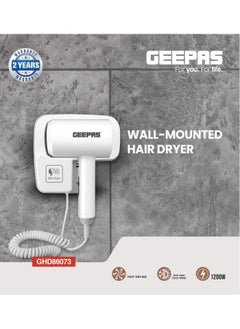 اشتري Geepas Wall Mounted Hair Dryer GHD86073, Hot & Cold Wind, Overheat Protection, Constant Temperature, Cool Shot Function, Strong Wind & Quiet Sound, Fast Drying Of Thick Hair, 1200W Power في الامارات