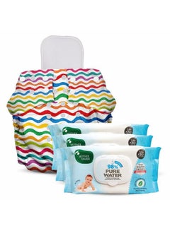 Buy Combo Of 98% Pure Water Based Wipes With Plant Fabric 80 Pcs (Pack Of 3) And Nappers Reusable Cloth Diaper With 1 Dry Absorbent Soaker Pad (Rainbow Rides) in Saudi Arabia
