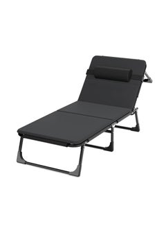 Buy Folding Bed with Cushion Portable Camping Reclining Chair for Outdoor Lawn Patio Sunbathing Black in UAE