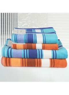 Buy 4 Piece Bathroom Towel Set APPLE JAQ 500 GSM 100% Cotton Velour 2 Bath Towel 70X140 cm & 2 Hand Towel 50x90 cm Orange & Dark Blue Color Modern Stripe Design Luxury Touch Extra Absorbent in UAE