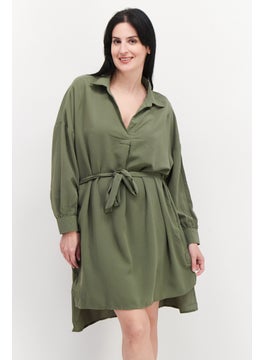 Buy Women Plain Tie Waist Mini Dress, Olive in UAE