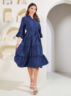 Buy Textured Mandarin Collar Tiered Midi Dress in Saudi Arabia