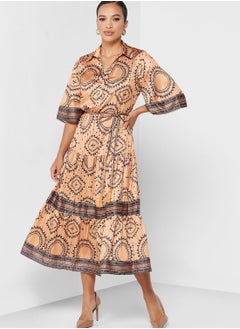 Buy Printed Tie Detail Belted Dress in Saudi Arabia