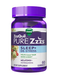 اشتري ZzzQuil PURE Zzzs De-Stress الميلاتونين علكات المساعدة على النوم، تساعد على تهدئة عقلك وجسمك، أشواغاندا لدعم الإجهاد، مساعدات النوم للبالغين، 1 مجم لكل علكة، 60 قطعة في الامارات