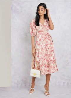 Buy Floral Print Wrap Around Midi Dress in Saudi Arabia