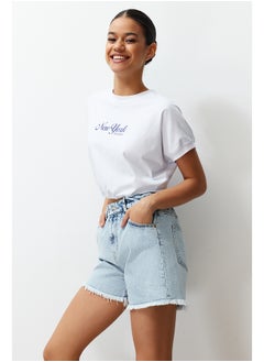 Buy Light Blue Elastic Waist Denim Shorts & Bermuda TWOSS24SR00057 in Egypt