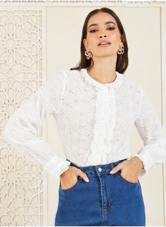 اشتري Schiffli Ruffle Detail Button Up Blouse في السعودية