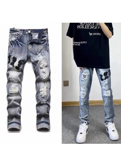 Buy Street Style Embroidered Distressed Skinny Mens Jeans 7735 [Hole] Blue in Saudi Arabia