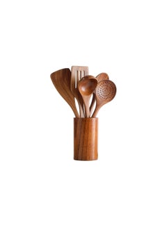 Buy Wooden Spoons for Cooking,Cooking Utensils Set of 6 Natural Teak Wooden Cooking Spatulas with Utensils Holder Comfort Grip Wooden Kitchen Utensils for Nonstick Cookware. in Saudi Arabia