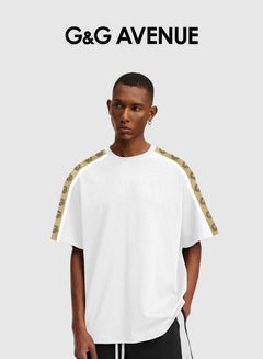 Buy Unisex Summer Oversized Short Sleeve T-shirt Couple Style Spliced Ribbon Bottom Shirt Drop Shoulder Top Heavy cotton fabric in Saudi Arabia