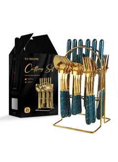 اشتري 24-Piece Stainless Steel Cutlery Set With Stand Green/Gold في الامارات