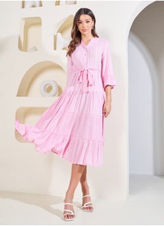 اشتري Boho Striped Mandarin Collar Tiered Midi Dress with Waist Tie Up في السعودية