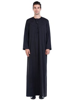 Buy Mens Solid Color Concise Style Round Neck Long Sleeve Abaya Robe Islamic Arabic Casual Kaftan Black in UAE