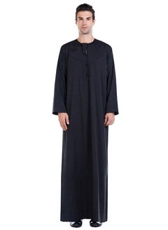 Buy Mens Solid Color Concise Style Round Neck Long Sleeve Abaya Robe Islamic Arabic Casual Kaftan Black in Saudi Arabia