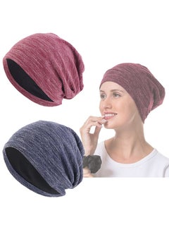 Buy 2 Pieces Satin Lined Sleep Cap Slouchy Beanie Hat Night Hair for Women Adjustable Bonnet Curly Sleeping caps-Gifts Ladies Multi-Colored in UAE