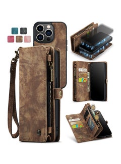 Buy Protective Phone Cover Case Wallet Case For Apple iPhone 14 Pro Max, 2 in 1 Detachable Premium Leather Magnetic Zipper Pouch Wristlet Flip Phone Case (Coffee) in UAE
