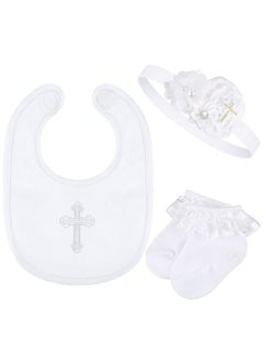 Buy 3 Pcs Baby Girl Cross Embroidered Christening Outfit White Bibs Socks Pearl Headband For Baby Baptism Party White 0 6 Months in UAE