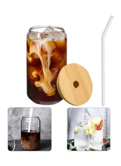 Buy Drinking Glasses Can Shaped with Bamboo Lids and Glass Straw 1pcs Set - 16oz 600ml Coffee, Soda Glass, Beer Glasses, Iced Coffee Glasses, Cute Tumbler Cup, Heat-Resistant Drink Glass in UAE