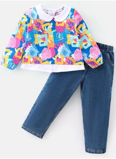 اشتري Babyhug 100% Cotton Full Sleeves Top & Lounge Pants With Floral Print - Pink & Navy Blue(12-24M) في الامارات