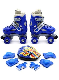 Buy Roller Skates Adjustable Size Double Row 4 Wheel Skates for Children Skates for Boys And Girls Including Full Protective Gear Blue Colour in UAE