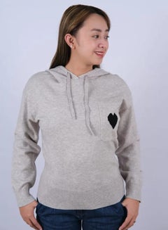 Buy Women’s Heart Print Embroidery Hooded Knit Sweater Light Grey in UAE