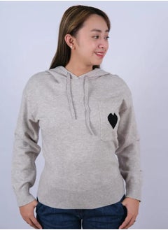 Buy Women’s Heart Print Embroidery Hooded Knit Sweater Light Grey in UAE