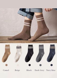 اشتري Pair of 5 Pure Cotton Breathable Sweat-absorbent Casual Socks  Men's Double-needle Mid-calf Socks for All Seasons Autumn and Winter Multicolor في السعودية