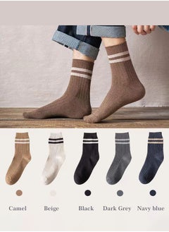 اشتري Pair of 5 Pure Cotton Breathable Sweat-absorbent Casual Socks  Men's Double-needle Mid-calf Socks for All Seasons Autumn and Winter Multicolor في الامارات