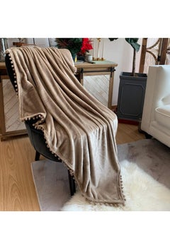 Buy Flannel Blanket with Pompom Fringe Lightweight Cozy Blanket Soft Throw Blanket fit Couch Sofa Suitable for All Season (130x150 CM) (Khaki) in Saudi Arabia