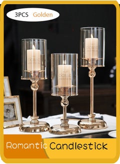 Buy 3PCS Candle Holder European Candle Holder Delicate Iron Glass Candlestick Romantic Table Centerpiece for Party Candlesticks Home Decor Candlestick(Golden) in Saudi Arabia