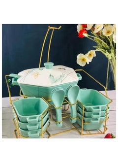 Buy Soup mug set, 6 pieces, spoons + pot with Oxford green stand, O-001-11 in Egypt