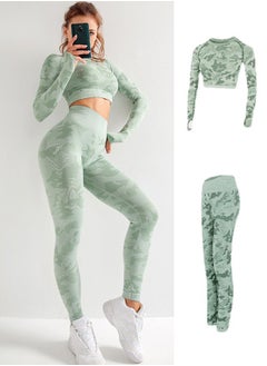 Buy 2 Piece for Women Yoga Gym Sets, Seamless Yoga Outfit High Waist Leggings + Long-Sleeve Top Set, Seamless Camouflage Tracksuit, Highly Elastic Tight Fitting Fitness Yoga Wear Set, M, Camo Green in Saudi Arabia