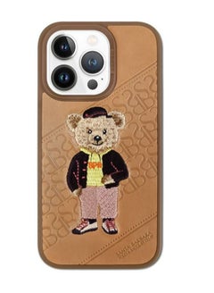 اشتري Crete Series Polo Bear Genuine Leather Case Cover, Retro and Classic Embroidery with Emboss Design Phone Case for iPhone 14 Pro - Brown في الامارات