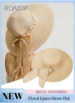 Buy Boho Wide Brim Hat Floral Linen Ribbon Decor Sun Protection Vacation Fashion Straw Hat for Women Summer Beach Foldable Cap Beige in Saudi Arabia