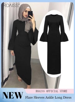 Buy Women's Fashionable Long Sleeve Dress Casual Solid Flare Sleeve Long Dress Classic Crew Neck Back Zipper Closure for Easy on and off in UAE