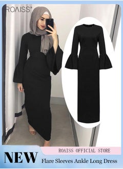 Buy Women's Fashionable Long Sleeve Dress Casual Solid Flare Sleeve Long Dress Classic Crew Neck Back Zipper Closure for Easy on and off in Saudi Arabia