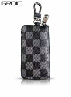 Buy Car Key case Premium PU Leather Car Key Chain Holder Chequered Pattern Metal Hook and Key Ring Zipper Bag for Smart Remote Key KeyChain Protector Cover in UAE