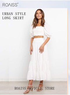 Buy Women's Half Skirt Casual Sheath Dress Solid Color Stitching Elastic High Waist Package Hip A-Line Long Skirt for Spring Summer in UAE