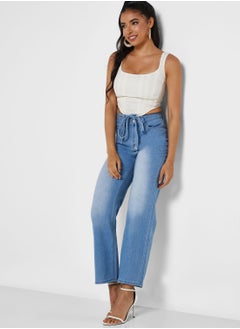 Buy Wide Leg Jeans With Waist Tie in Saudi Arabia