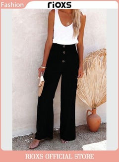 Buy Women's Casual Wide Leg Pants Cotton Linen Pants Elastic High Waist Trousers With Pockets in UAE