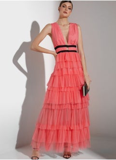 Buy Plunge Front Tulle Layered Maxi Dress in Saudi Arabia