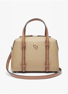 Buy Women All-Over Monogram Print Bowler Bag with Detachable Strap and Zip Closure in UAE