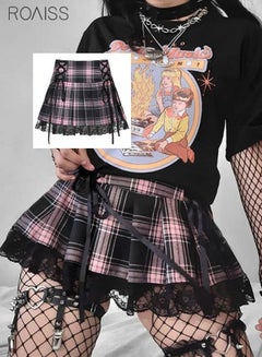 اشتري Women's Plaid Pleated Skirt Cute Cute Lace Decoration Mini Skirt High Waist Lace Skirt في السعودية