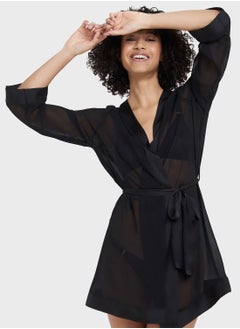 Buy Mesh Sleeve Tie Waist Robe in Saudi Arabia