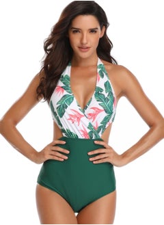 Buy Women's One Piece Swimsuit Hollowed Back And Waist Halter Neck Bathing Suits Green Print in Saudi Arabia