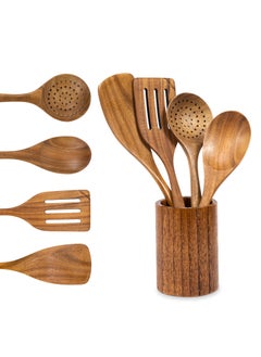 Buy Wooden Utensil Set for Cooking - 5-Piece Wooden Mixing spoon, Skimmer, Frying Spatula, Stirring Spatula and Utensil Holder made of Natural Acacia Wood Material - Kitchen Gadgets Gift in UAE