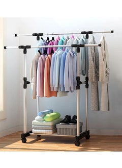 Buy Large Double Pole Clothes Hanger, Garment Drying Rack with Rolling wheels, Adjustable Bars Stainless Steel Poles, Silver in UAE