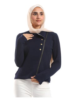 اشتري Side Zipper Closure Band Collar Jacket - Navy Blue في مصر